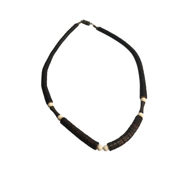 Heshi Style Wood Beads Tribal Folk Art Necklace Brown White 17 Inch Vintage - Picture 2 of 5